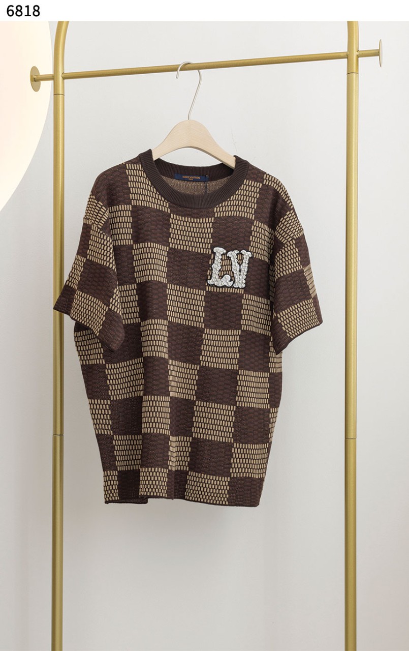 루*** Short-Sleeved Damier Crewneck Crystal Patch 6818